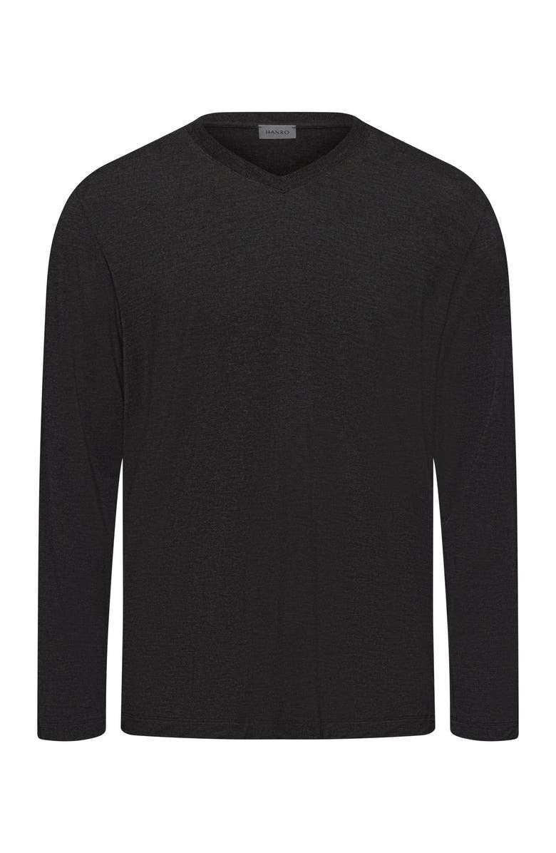 Hanro Casuals Long Sleeve V-Neck Top, Main, color, Caviar