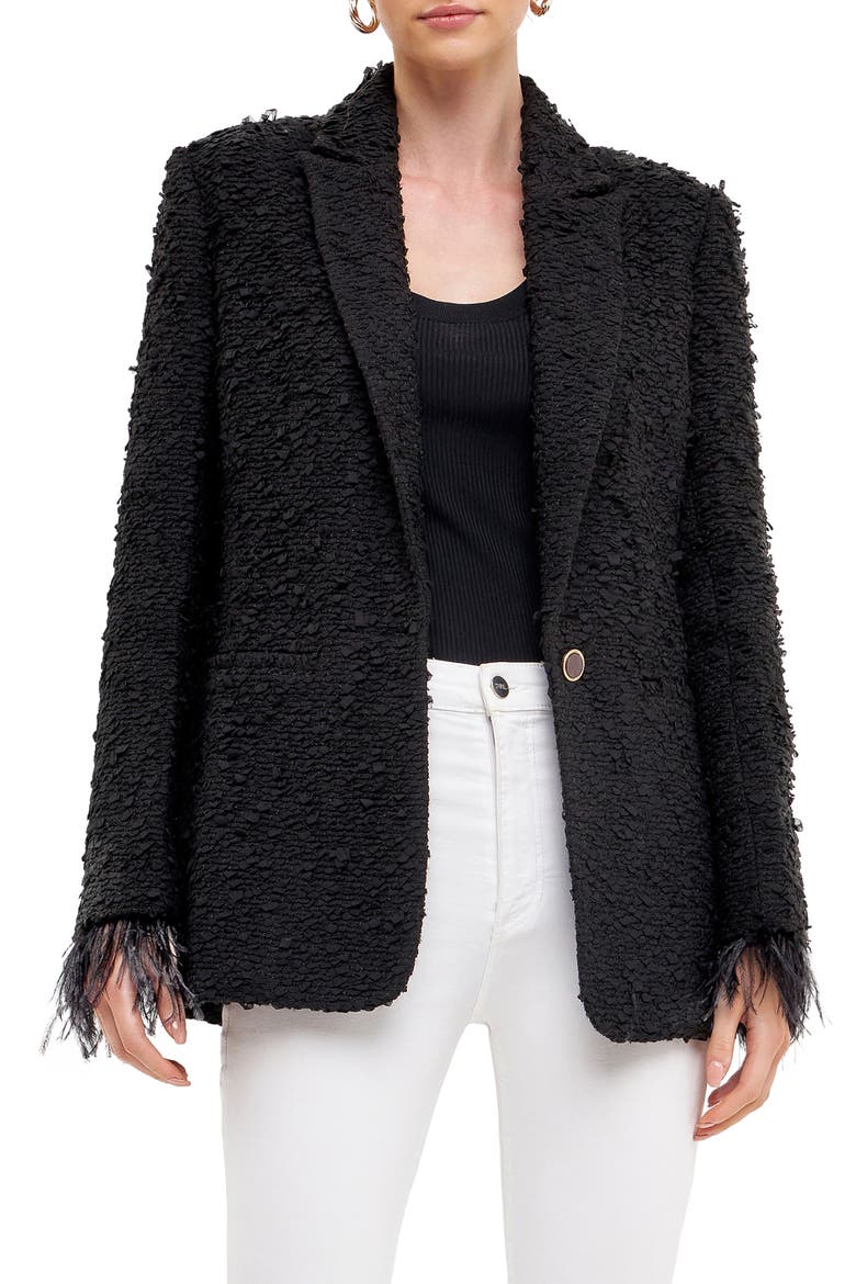 Feather Cuff Tweed Blazer, Main, color, BLACK