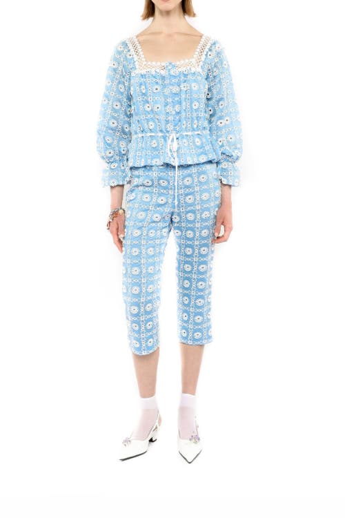 Shop Anna Sui Lattice Lace Embroidery Capri Pants In Baby Blue