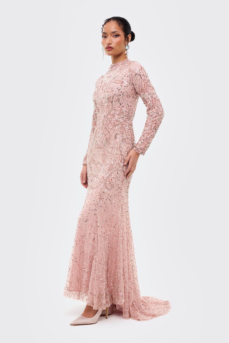 Modest Embellished Sequins Trail Gown, Alternate, color, FROSTED PINK