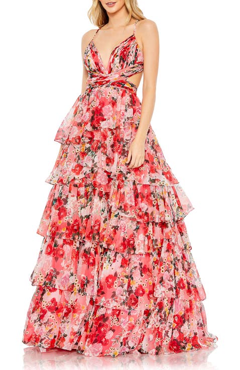 Floral Printed Chiffon Ruffle Tiered Cut Out Ballgown