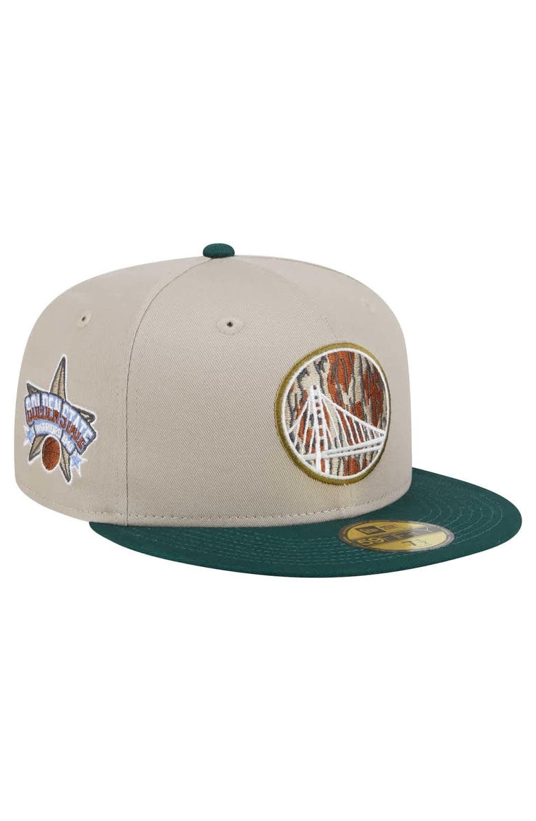 New Era Men's New Era Natural/Hunter Green Golden State Warriors Lifestyle Tree Bark 59FIFTY Fitted Hat, Main, color, Natural