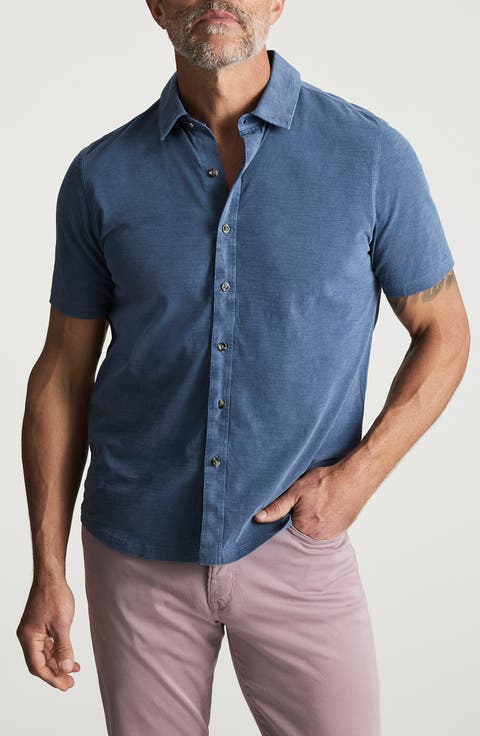 Short Sleeve Slub Cotton Jersey Button-Up Shirt