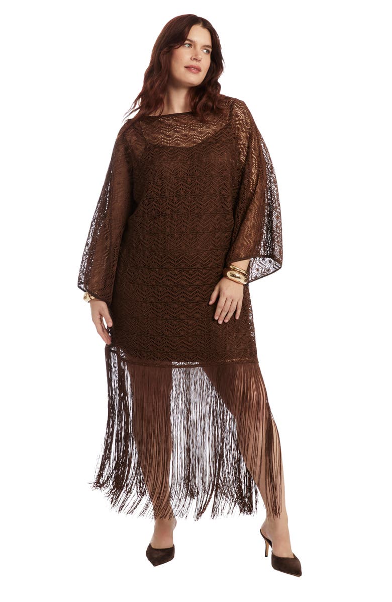June + Vie Lace Kimono Dress with Fringe, Main, color, Chestnut
