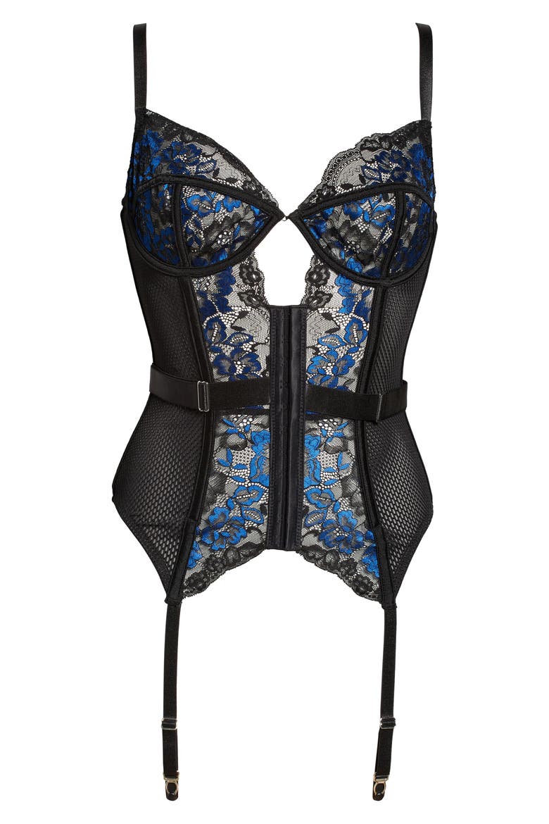 Floral Mesh Underwire Bustier with Garter Straps, Alternate, color, BLACK
