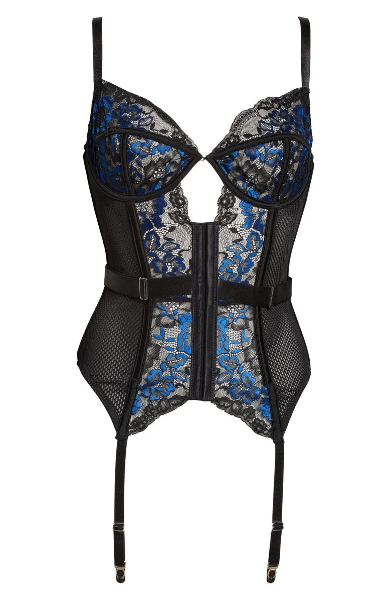 Coquette Floral Mesh Underwire Bustier with Garter Straps, Alternate, color, Black