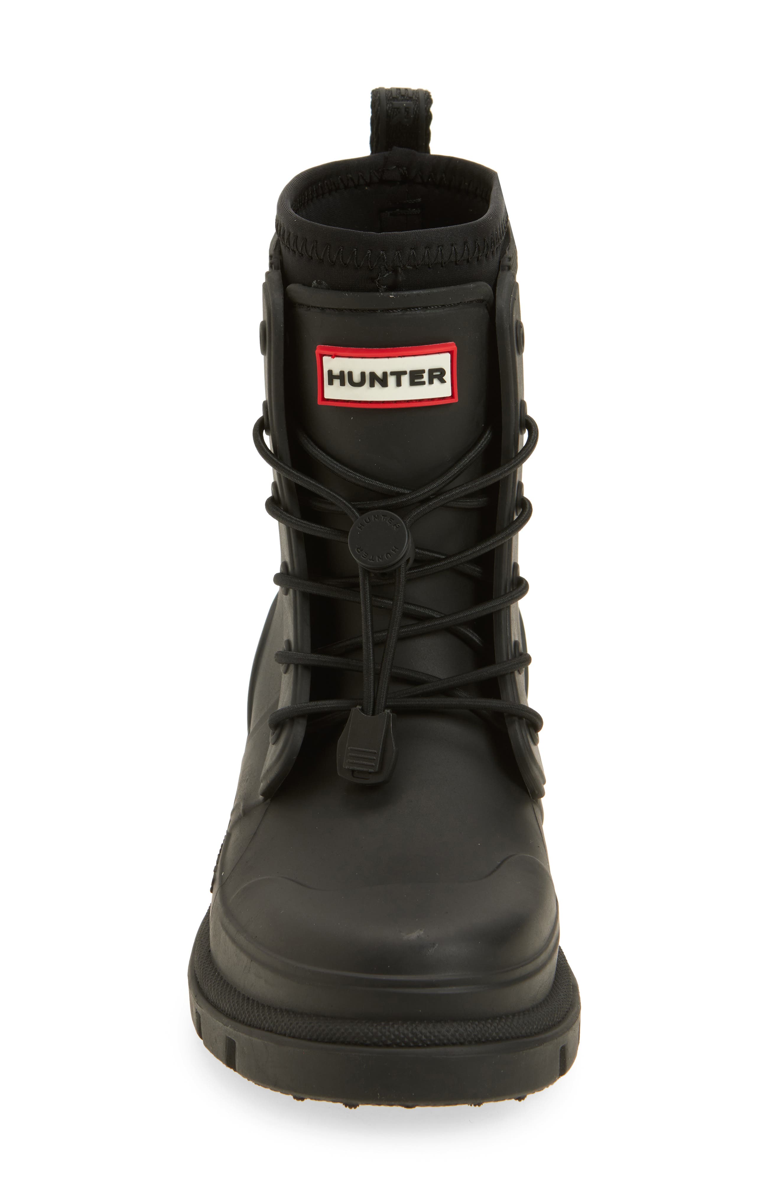 Hunter Kids' Stamp Waterproof Lace-Up Rain Boot, Alternate, color, Black/Black
