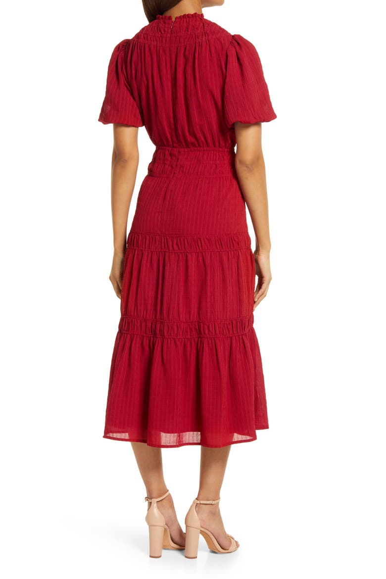 Vero Texutred Smock Detail Midi Dress, Alternate, color, CHERRY
