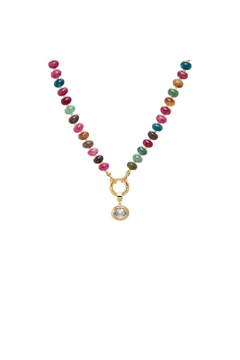 Colored Natural Stone Beaded /CZ Oval Bezel Charm Necklace, Main, color, Multi-Color