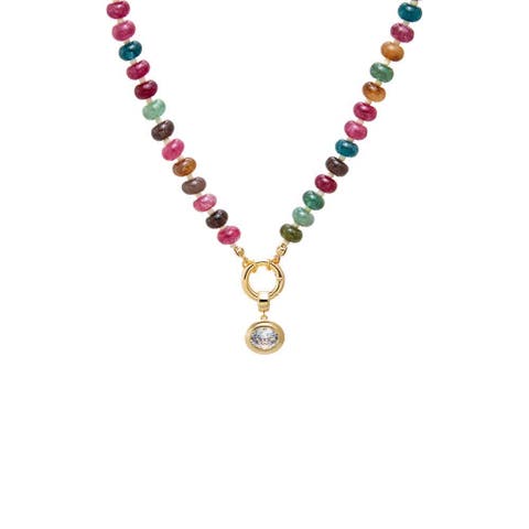 Colored Natural Stone Beaded /CZ Oval Bezel Charm Necklace