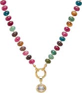 BY ADINA EDEN Colored Natural Stone Beaded /CZ Oval Bezel Charm Necklace