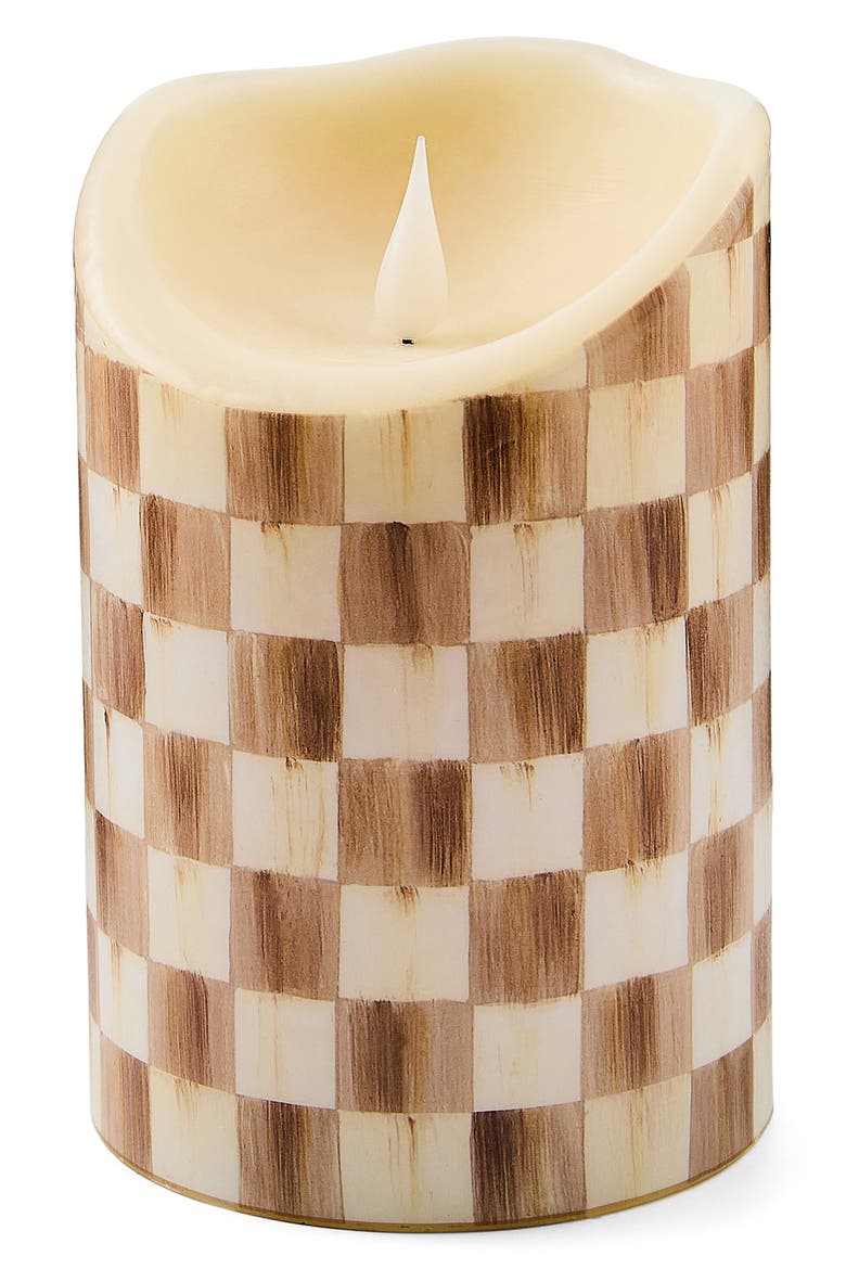 Mocha Check 6-Inch Flameless Pillar Candle, Main, color, MOCHA