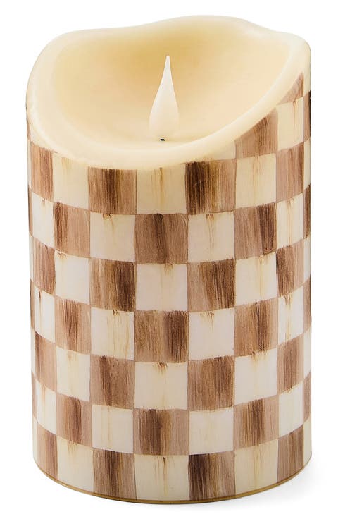Mocha Check 6-Inch Flameless Pillar Candle