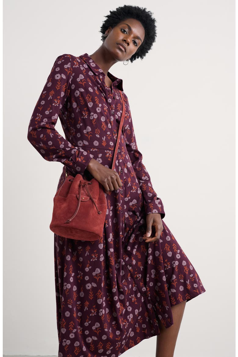 Coastline Print Long Sleeve Organic Cototn Blend Midi Shirtdress, Alternate, color, FLOWER SHADOW DARK HELLEBORE