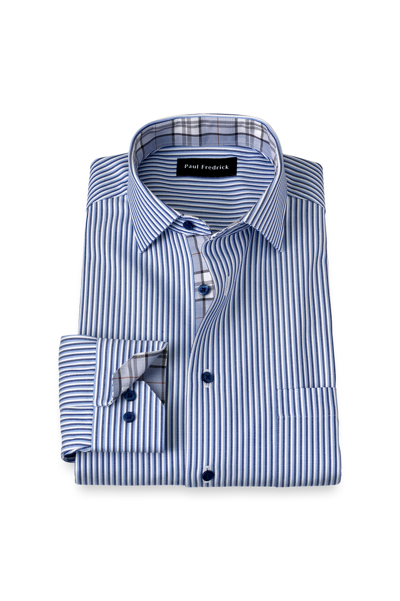 Cotton Spread Collar Twill Slim Contrast Trim Button Cuff Long Sleeve, Main, color, Blue