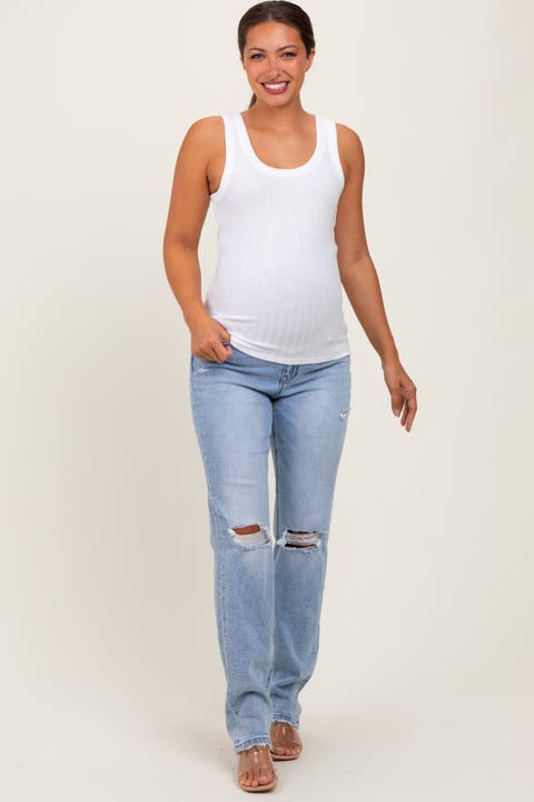 Distressed Ripped Knee Straight Leg Maternity Jeans