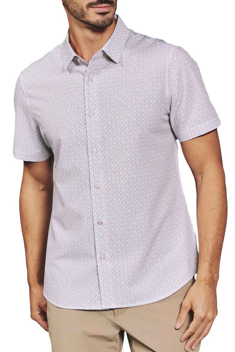 Noah Geo Print Short Sleeve Performance Button-Up Shirt, Main, color, DUSTY ROSE