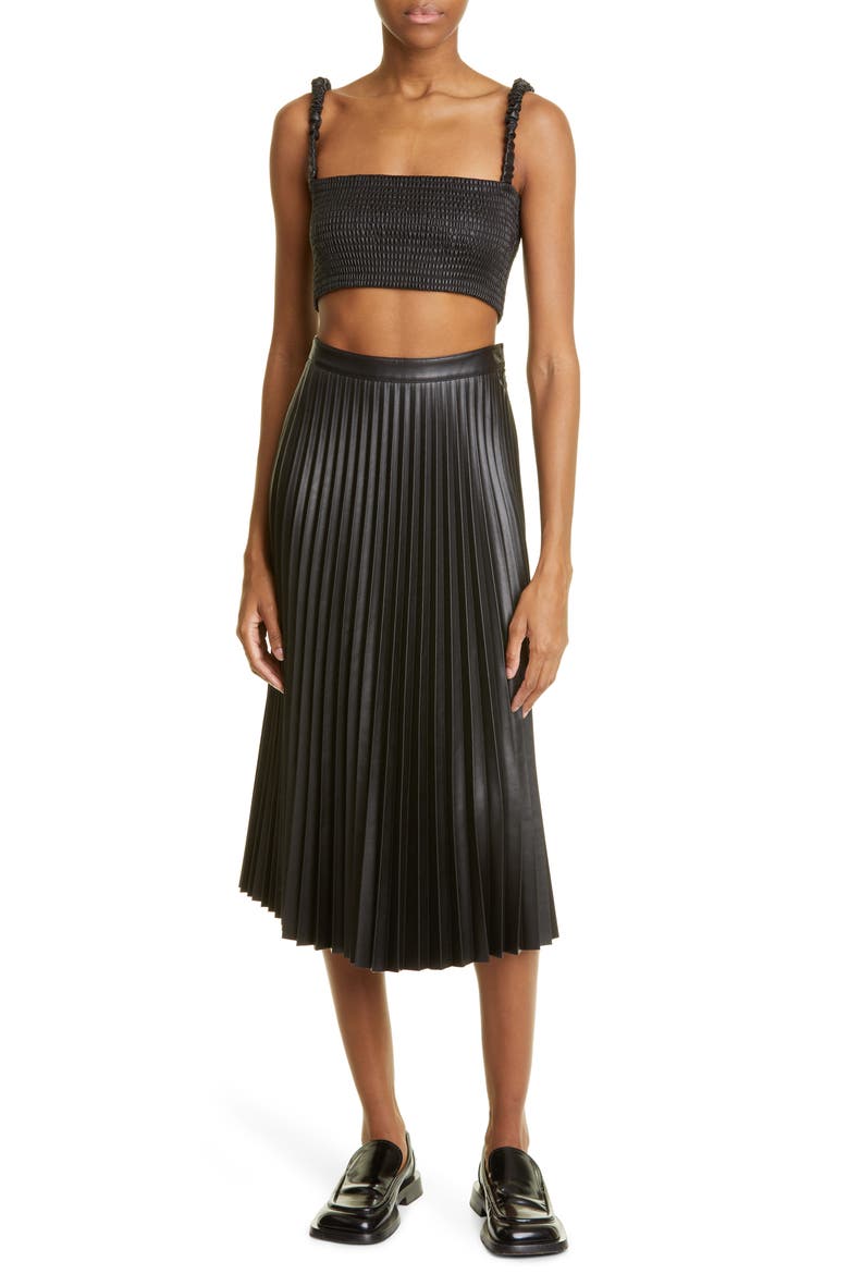 Smocked Faux Leather Crop Top, Alternate, color, BLACK