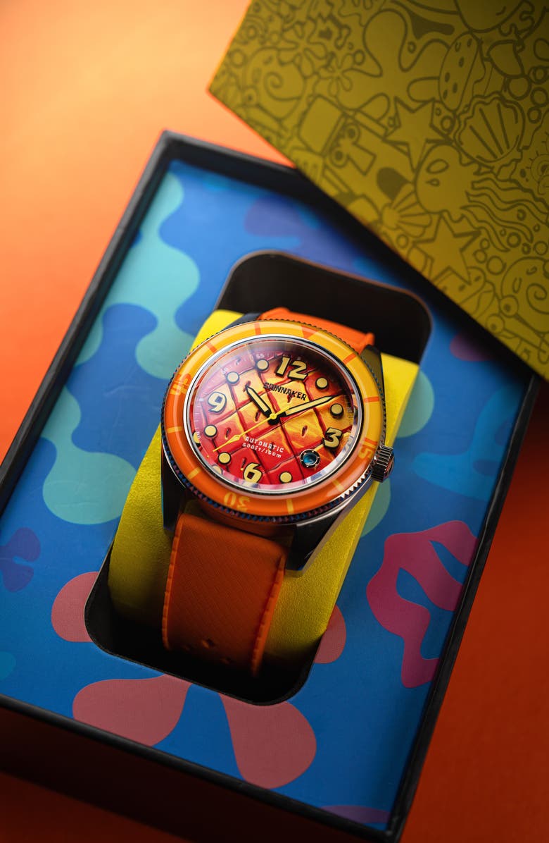 SPINNAKER Fleuss 'SpongeBob SquarePants<sup>™</sup>' Automatic Silicone Strap Watch, 43mm, Alternate, color, Orange
