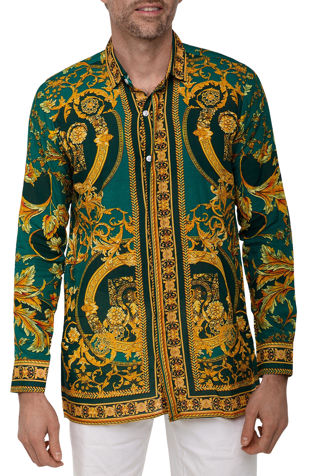 RANEES Extra Trim Fit Print Linen & Cotton Button-Up Resort Shirt