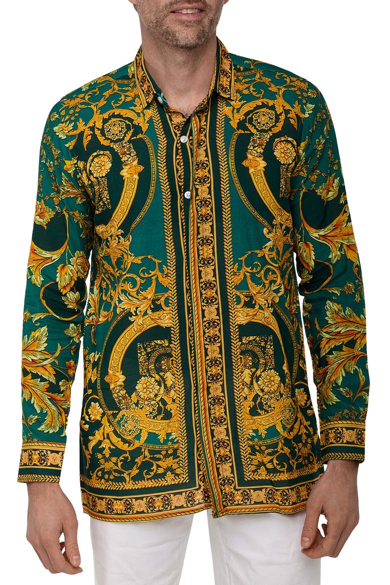 Extra Trim Fit Print Linen & Cotton Button-Up Resort Shirt, Main, color, DARK GREN