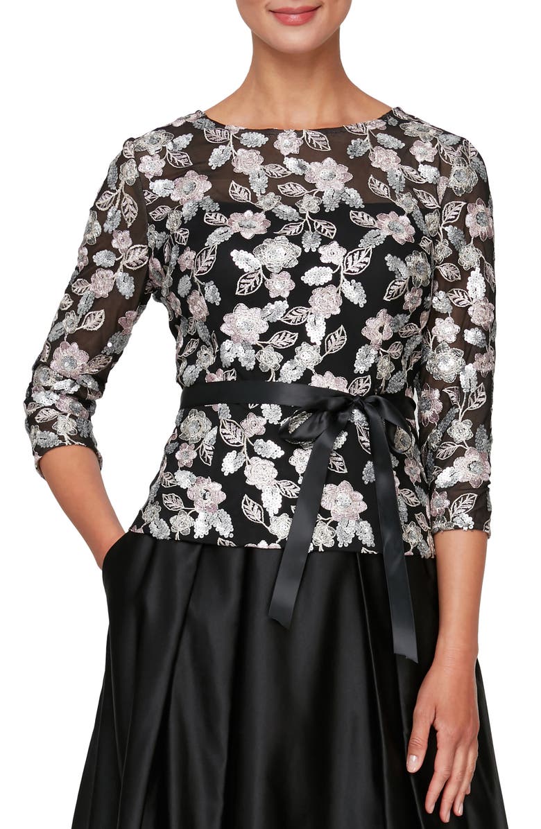 Alex Evenings Embroidered Bodice Tie Sash Gown, Alternate, color, 