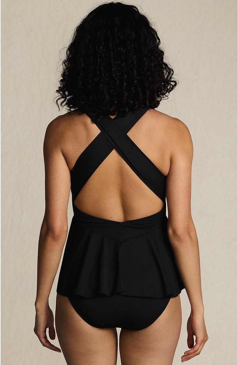 Lands' End SlenderSuit Plunge Ruched X-Back Ruffle Fauxkini One Piece Swimsuit, Alternate, color, Black