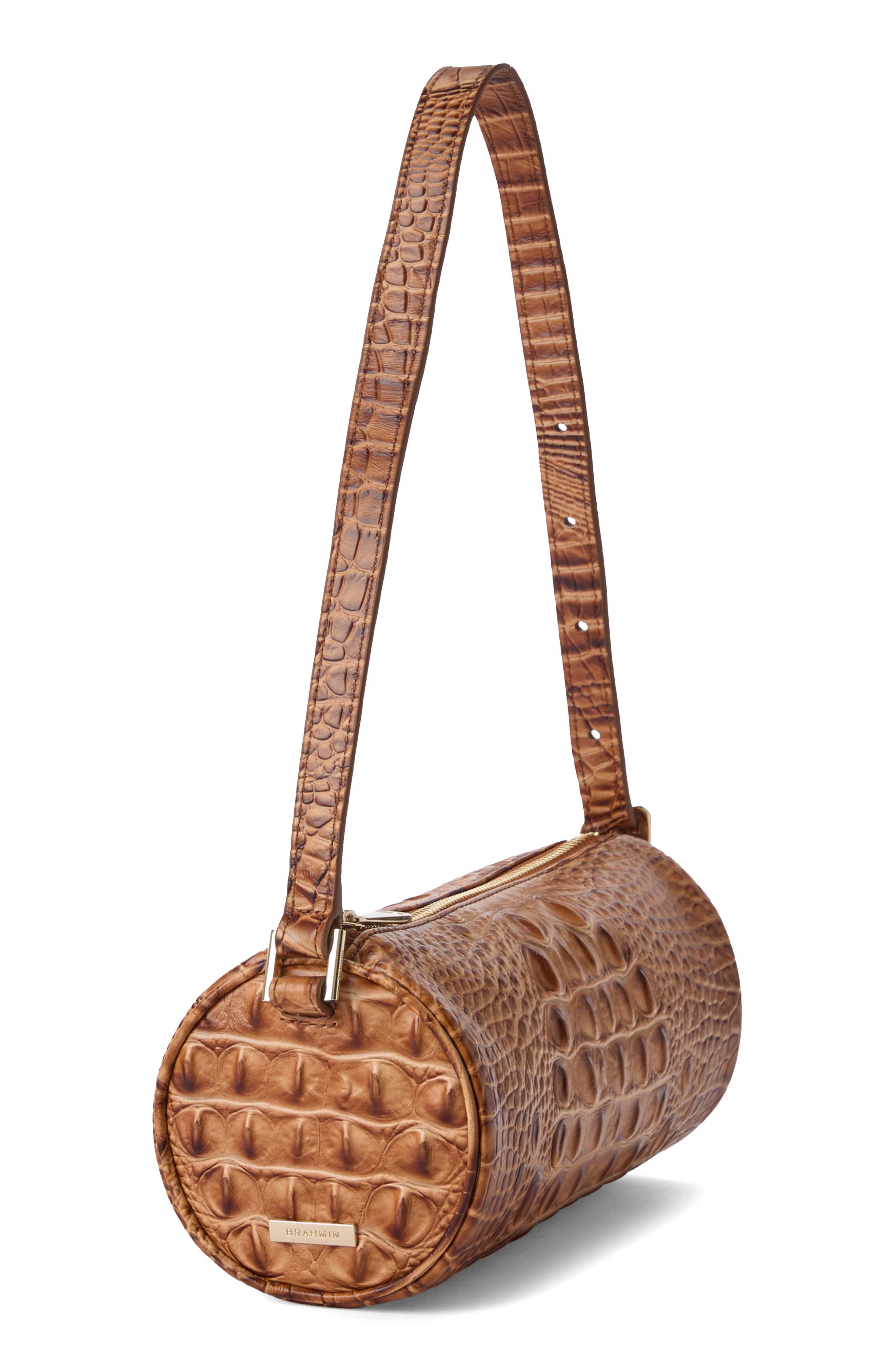 Brahmin Billie Croc Embossed Leather Barrel Bag, Alternate, color, Cinnamon