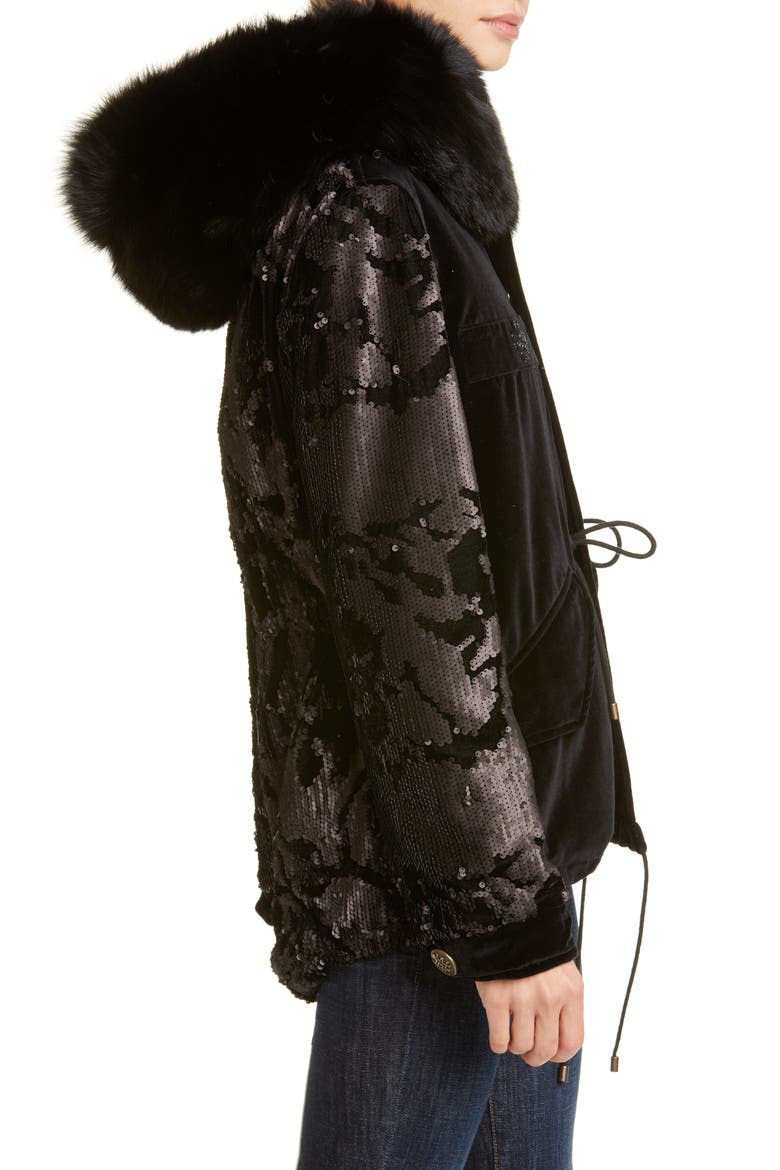 Sequin Embellished Velvet Coat with Removable Genuine Fox Fur Trim, Alternate, color, BLACK