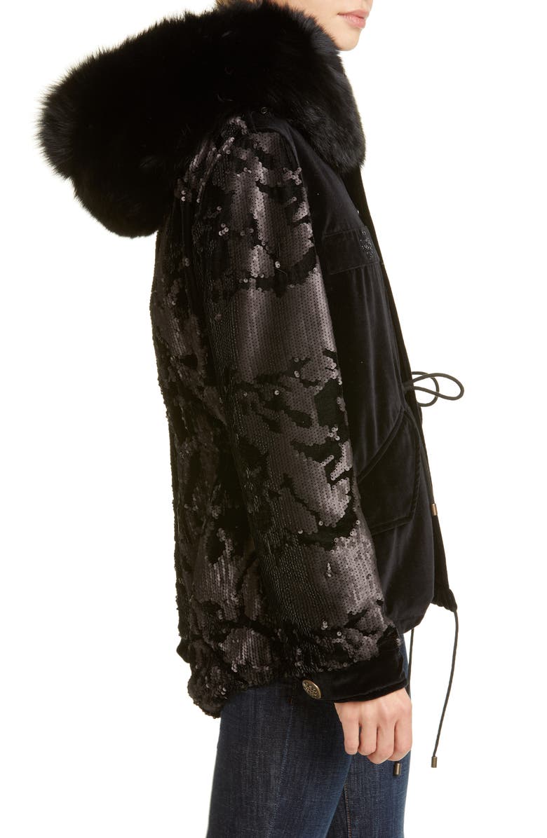Mr & Mrs Italy Sequin Embellished Velvet Coat with Removable Genuine Fox Fur Trim, Alternate, color, Black