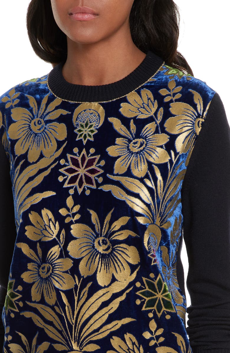 Tory Burch Hollis Print Velvet Front Sweater, Alternate, color,