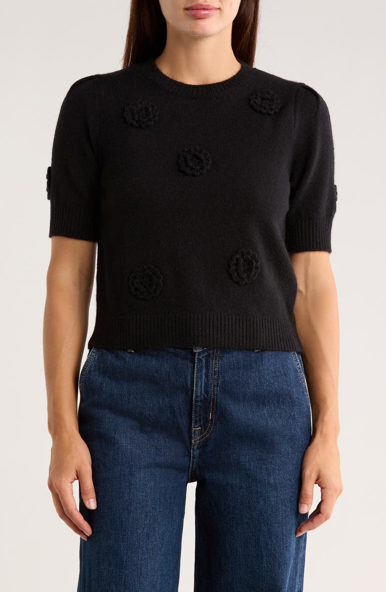 Ellen Tracy Rosette Short Sleeve Sweater, Main, color, Black