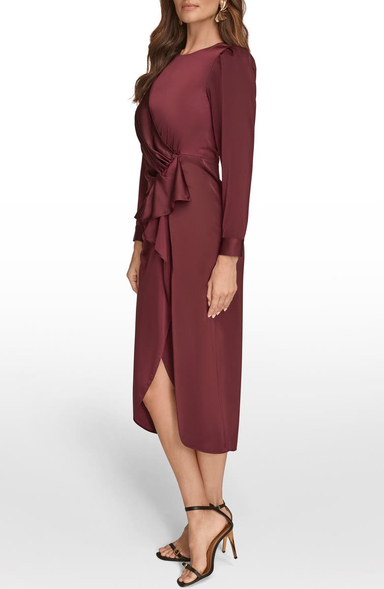 Donna Karan New York Long Sleeve Satin Faux Wrap Dress, Alternate, color, Berry