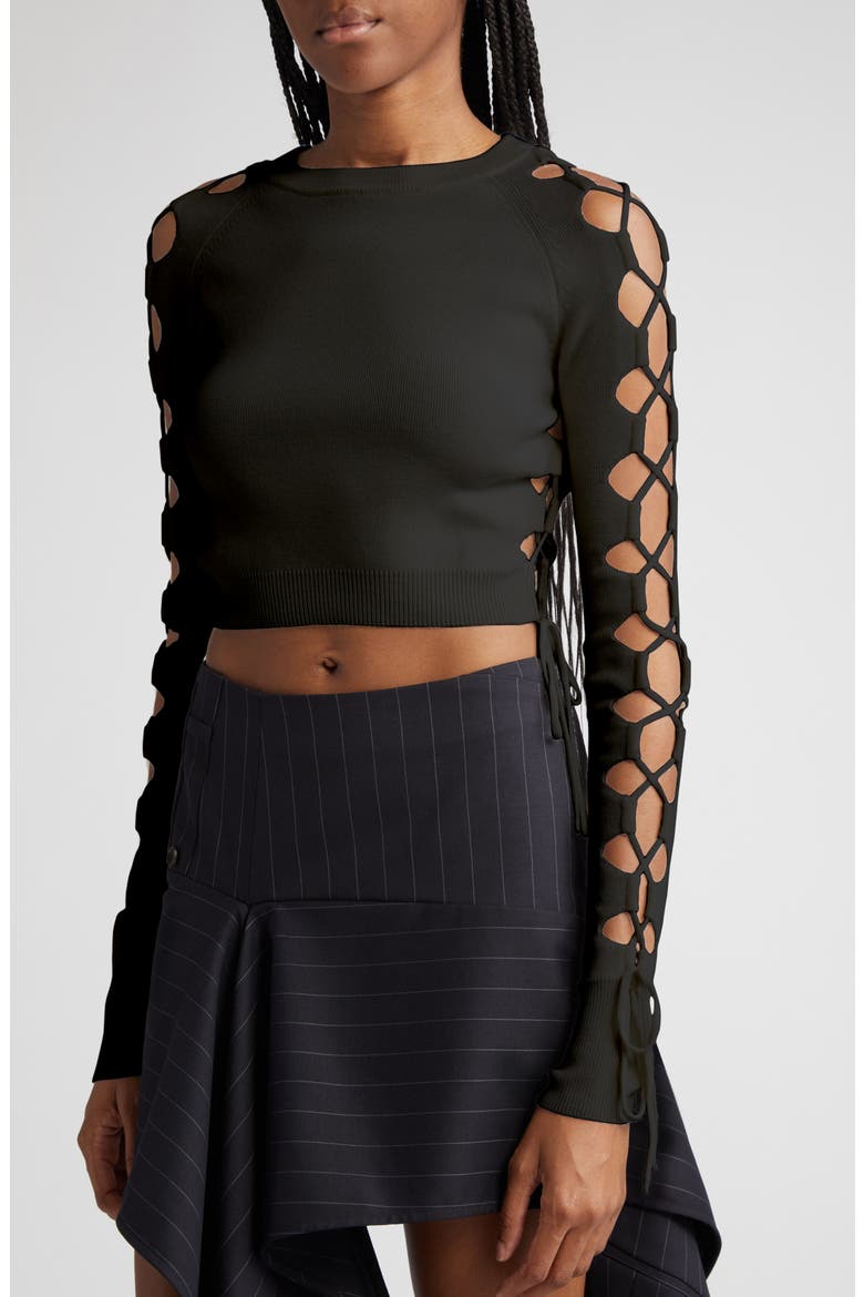 Lace Sleeve Detail Merino Wool Blend Crop Sweater, Alternate, color, BLACK