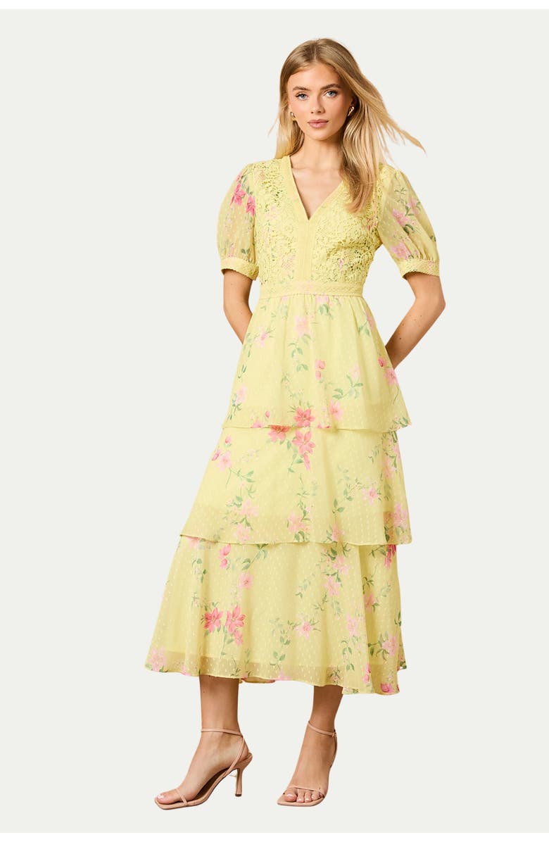 Oasis Lace Bodice Tiered Midi Dress, Main, color, Chartreuse