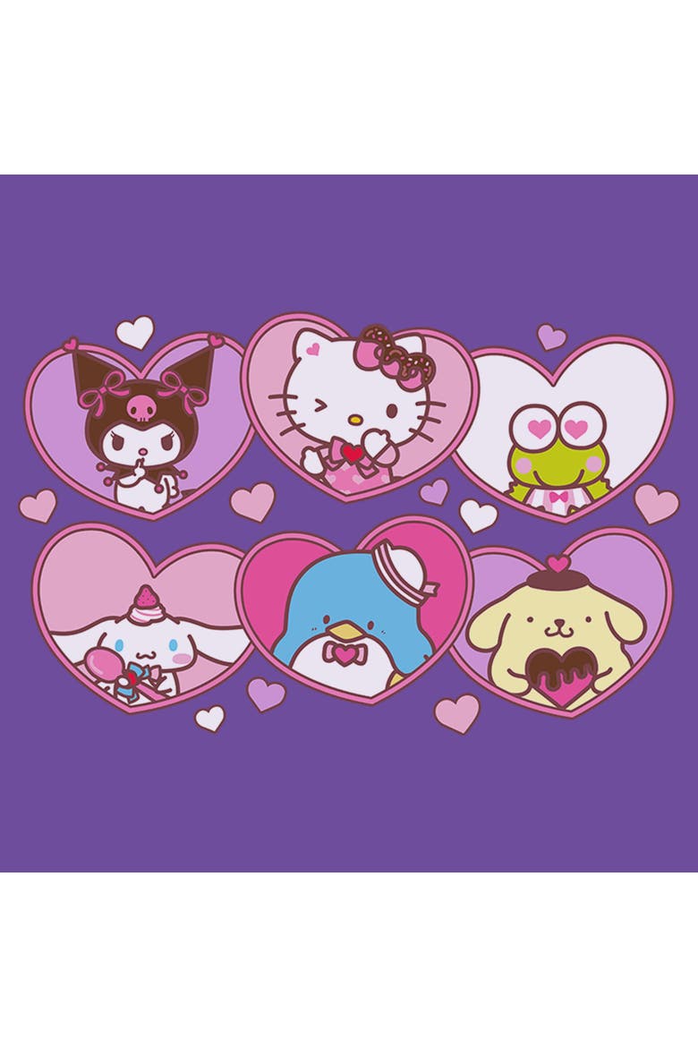 Junior's Cute Hearts and Portraits Short Sleeve Graphic T-Shirt, Alternate, color, Purple
