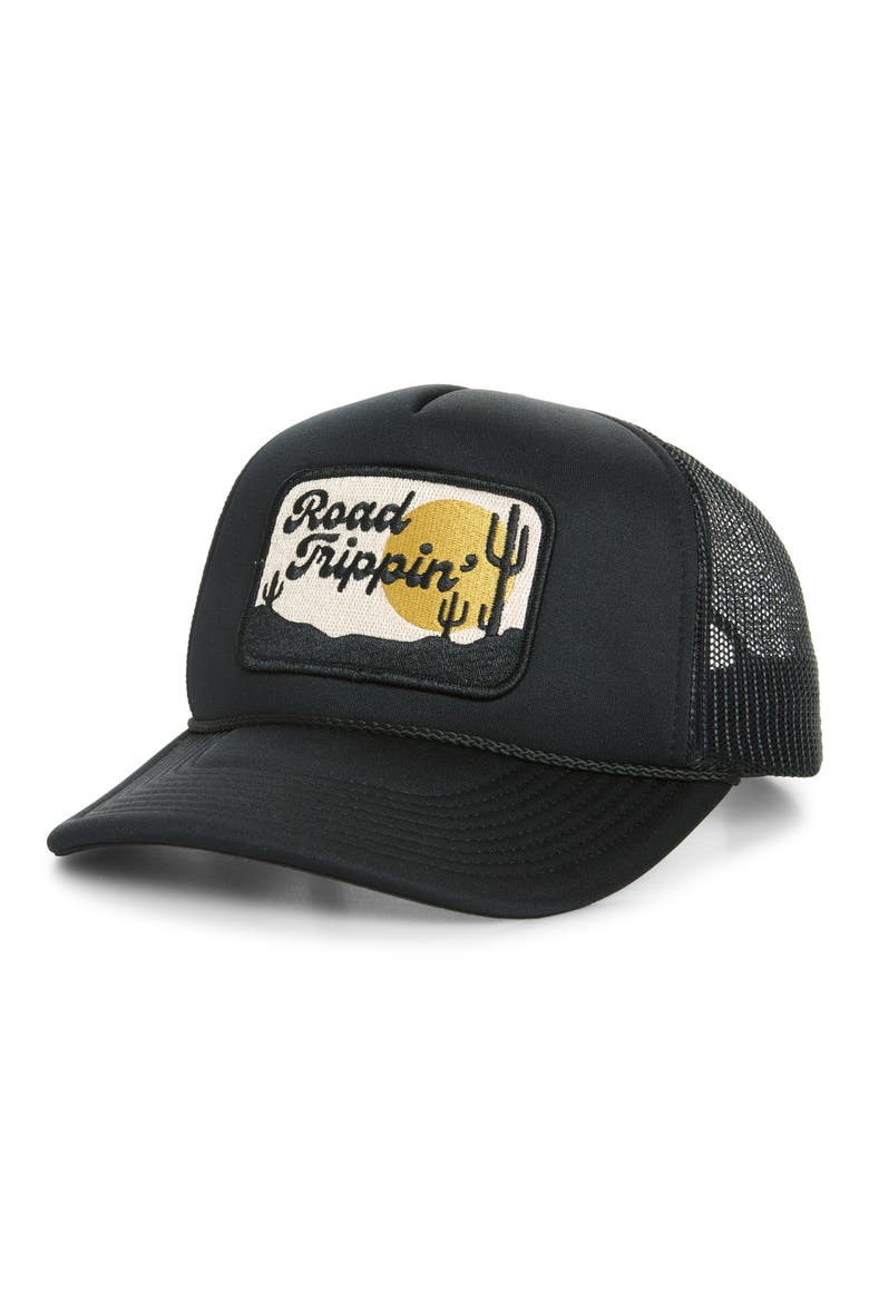 Road Trippin' Patch Trucker Hat, Main, color, BLACK