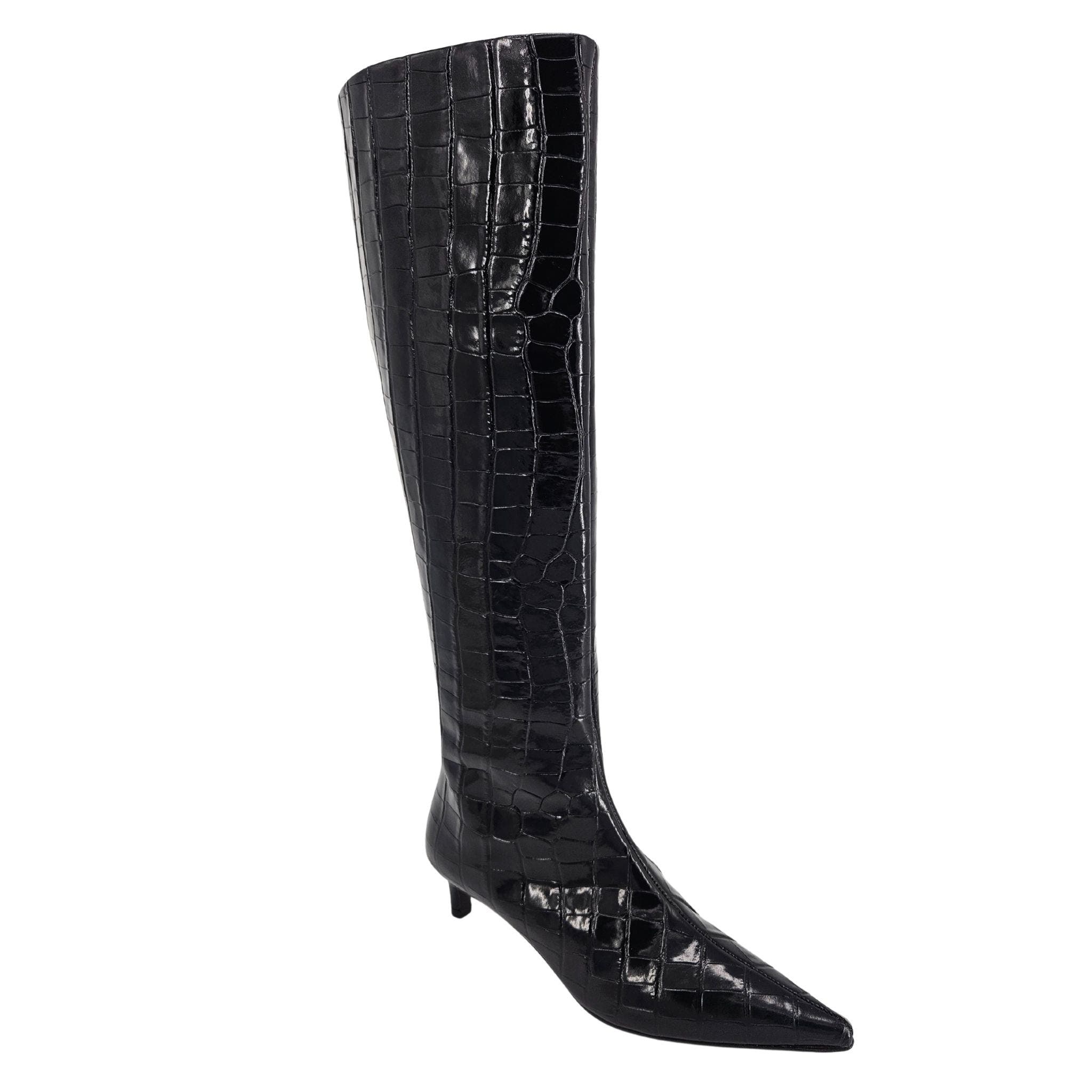 Madison Maison Tall Moc Croc Pointy Toe Kitten Heel Boot, Alternate, color, Black