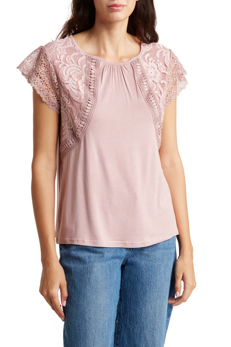 Lace Cap Sleeve Mixed Media Top, Main, color, MAUVE