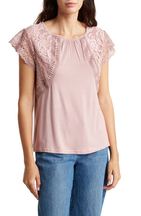 Lace Cap Sleeve Mixed Media Top