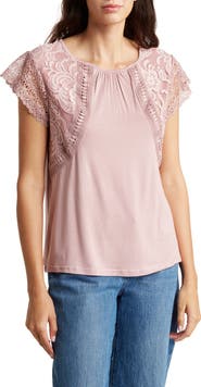 Forgotten Grace Lace Cap Sleeve Mixed Media Top