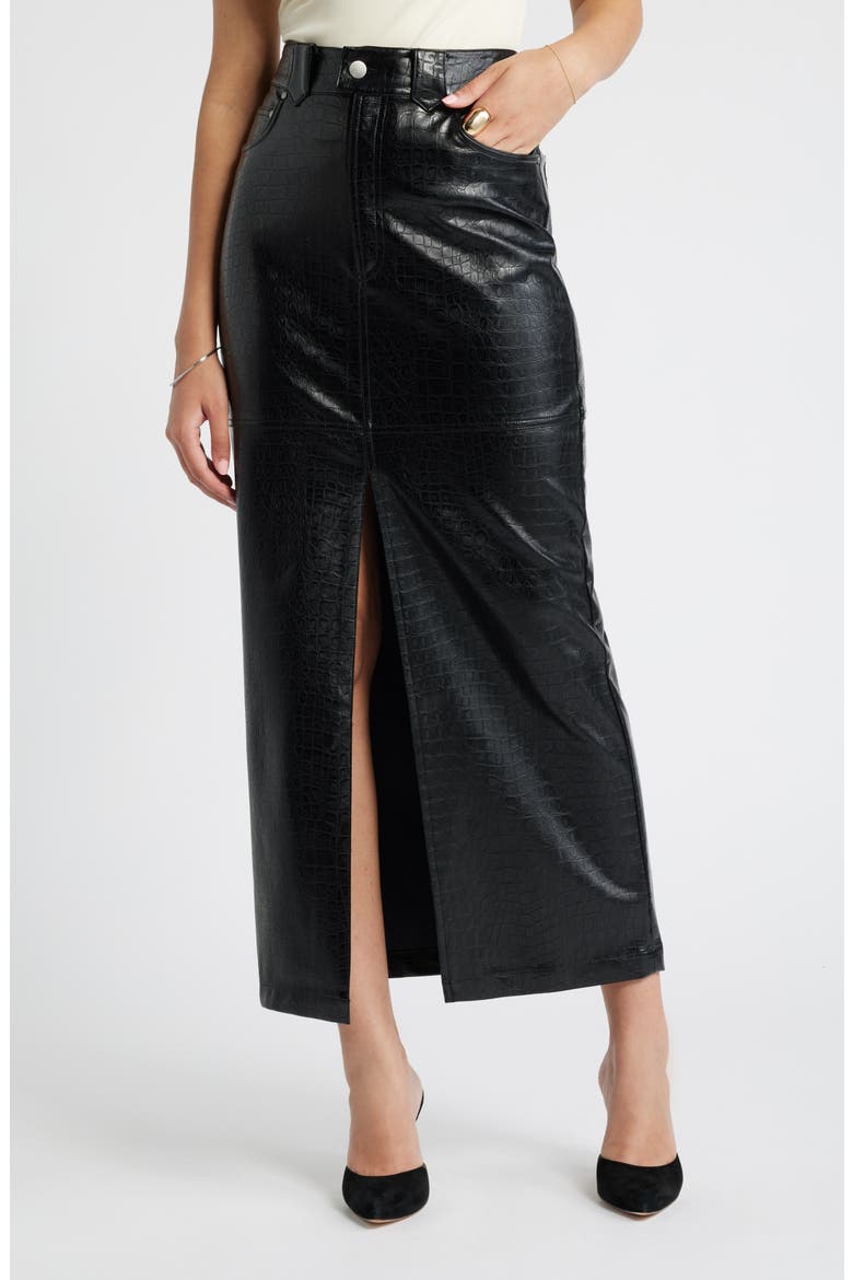 Croc Embossed Faux Leather Column Skirt, Main, color, BLACK
