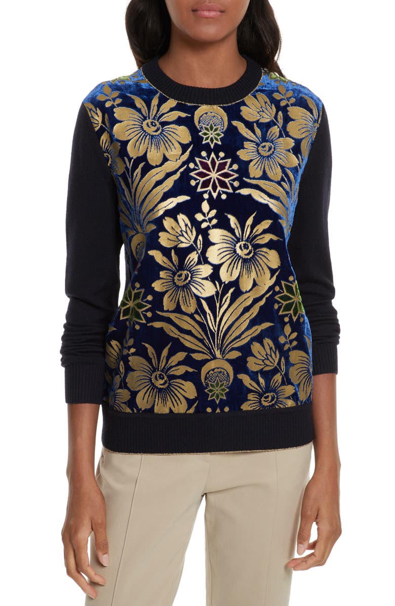 Tory Burch Hollis Print Velvet Front Sweater, Main, color,