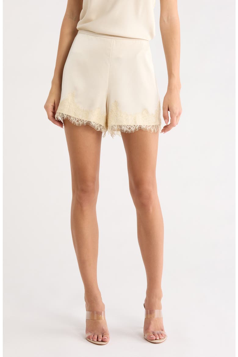 Elaine Lace Trim Matte Satin Shorts, Main, color, CREAM