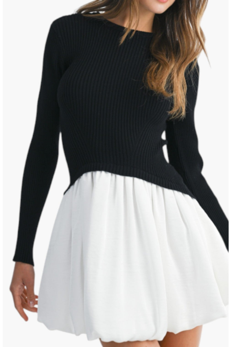 Knit and Woven Fit-and-Flare Mini Dress with Ribbed Long Sleeve Top, Alternate, color, Black / White