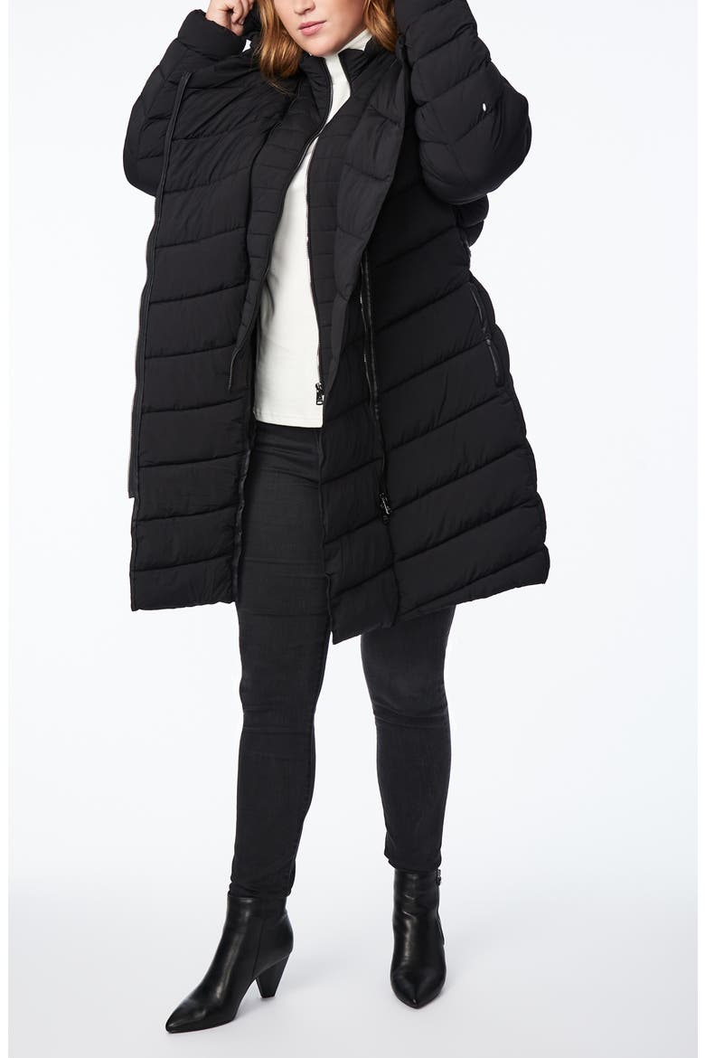 Asymmetrical Zip Belted Puffer Coat, Alternate, color, BLACK