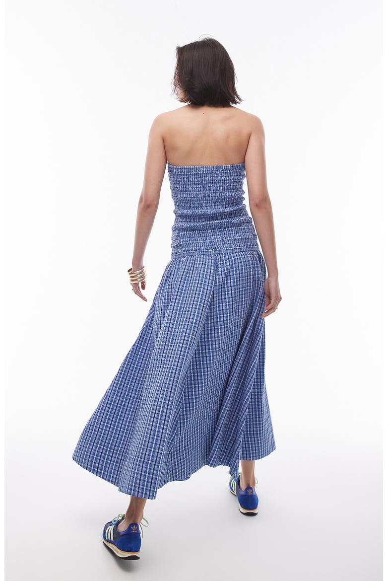 Plaid Smocked Strapless Cotton Maxi Dress, Alternate, color, MEDIUM BLUE