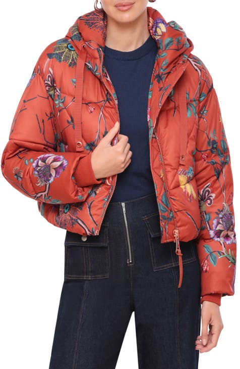 3D Floral Cropped Hooded Puffer Jacket