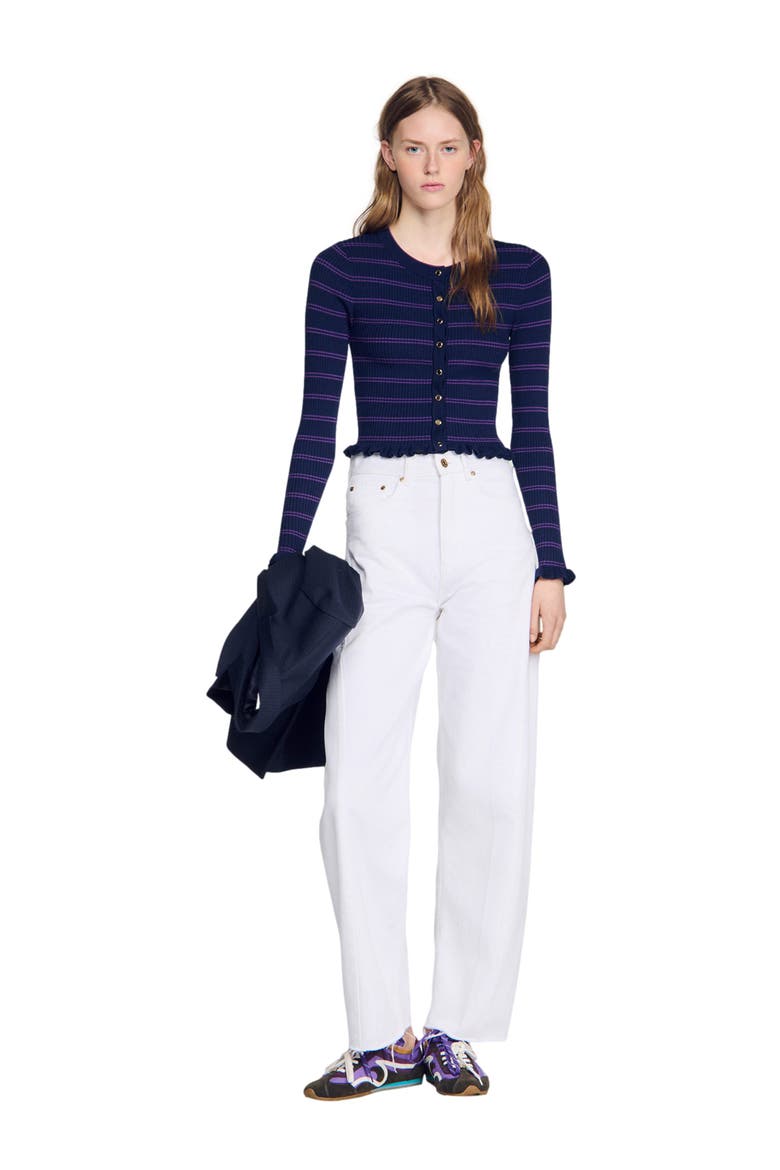 Striped knit cardigan, Alternate, color, Navy / purple
