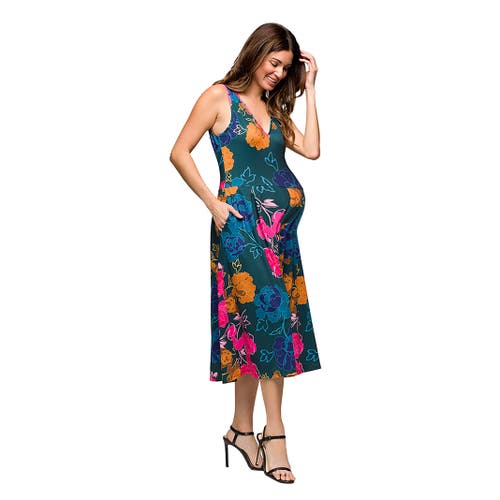 24seven Comfort Apparel Plus Size Midi Length Print Sleeveless Pleated Pocket Dress